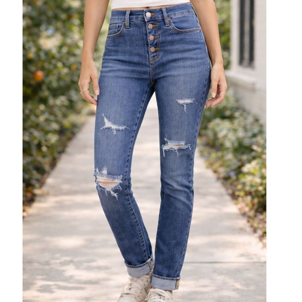 Judy Blue Distressed Skinny Jeans Size 5/27 Button Fly Cuffed Stretch